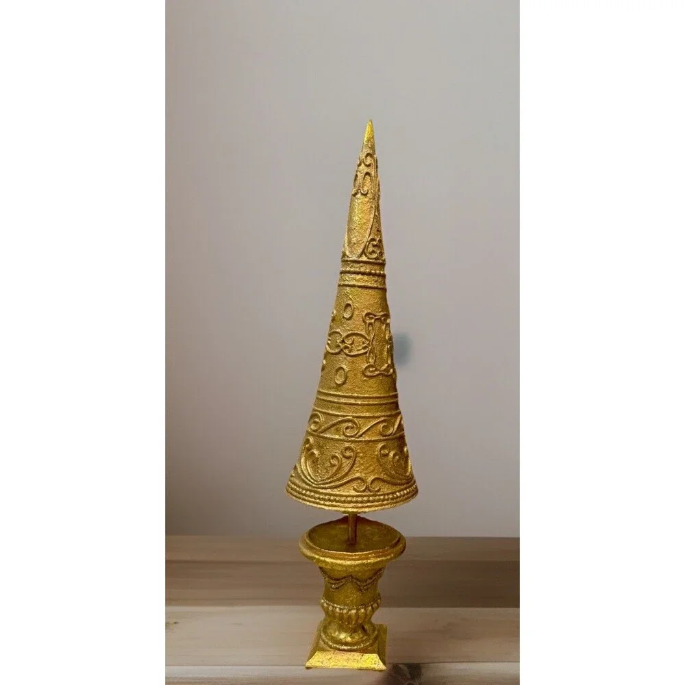 Interior Decorative Golden Ornate Christmas Tree 20” & 10” H. Set Of 2